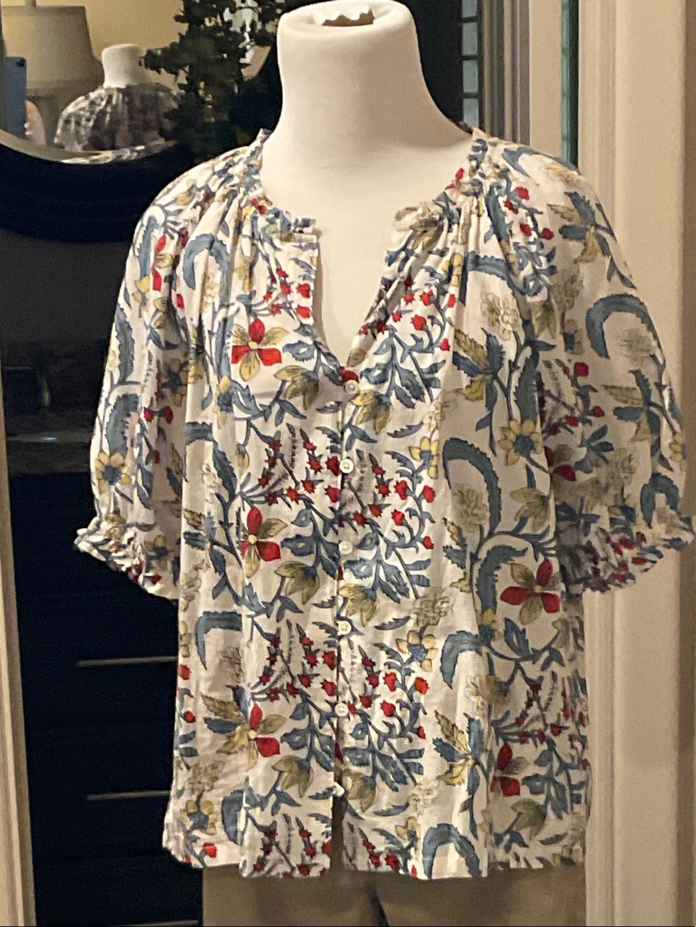 dylan Floral Button-Front Blouse - White, Blue, Red